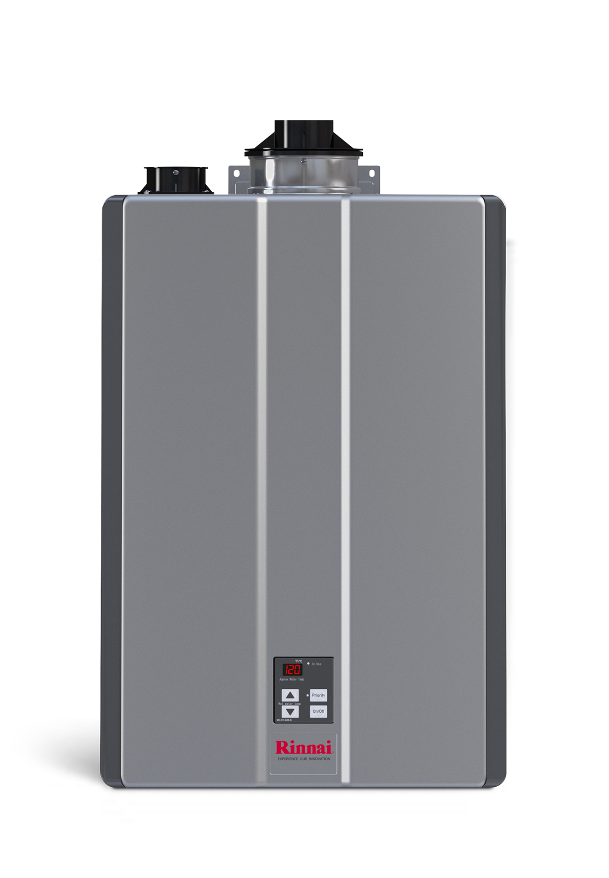Black and gray Rinnai tankless water heater